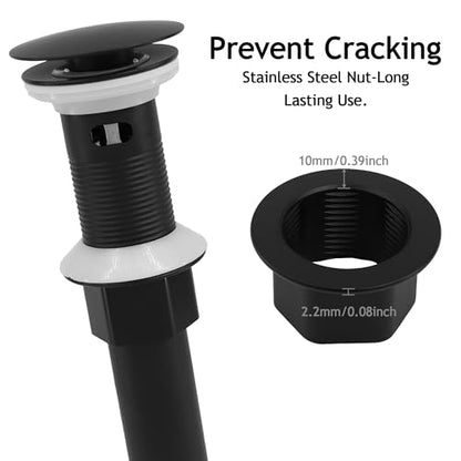 Bathroom Sink Drain,Drain Stopper Bathroom Sink with Overflow,Pop Up Drain Assembly with Detachable Strainer Basket,Built-in Anti-Clogging, Stainless Steel Nut Mattle Black - color: Matte Black-big Cap, style: With Overflow
