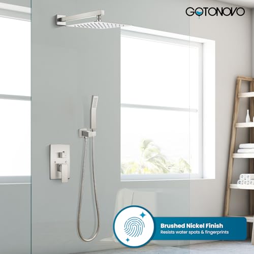 gotonovo Rainfall Bathroom Shower System Rain Shower Head and Handle Set Wall Mounted Shower Complete Combo Solid Brass Pressure Balancing Shower Mixer Valve 12 Inch Brushed Nickel - color: Brushed Nickel, size: 12 Inch
