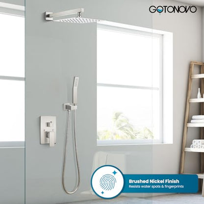 gotonovo Rainfall Bathroom Shower System Rain Shower Head and Handle Set Wall Mounted Shower Complete Combo Solid Brass Pressure Balancing Shower Mixer Valve 12 Inch Brushed Nickel - color: Brushed Nickel, size: 12 Inch