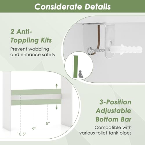 Tangkula Over The Toilet Storage Cabinet, Above Toilet Bathroom Shelf w/Double Doors & Adjustable Shelf, Freestanding Toilet Shelf Space Saver w/Anti-Tip Kits & Adjustable Bottom Bar, 63" H (White)