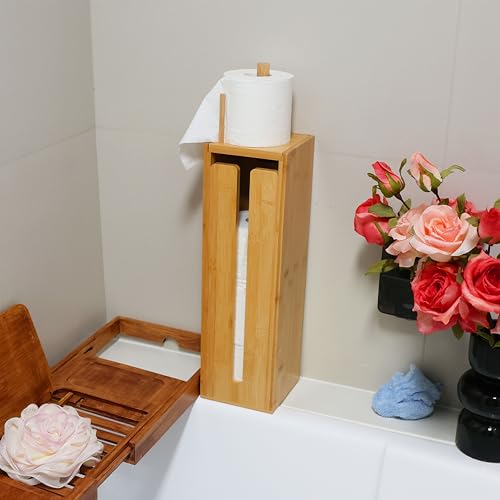 Bamboo Toilet Paper Holder Stand with Storage Shelf Box, Freestanding Bathroom Tissue Organizer and Wipes Dispenser, Reversible Use Lid, Eco-Friendly Natural Wood Home Decor Gift