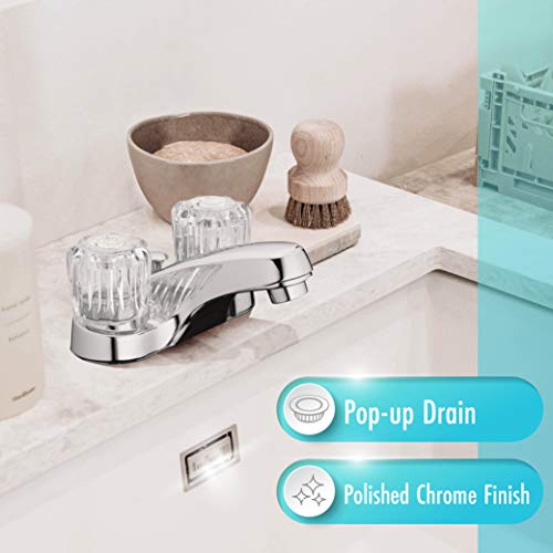 Two-Handle Bathroom Sink Faucet, Chrome, Acrylic Handles | 1.2 GPM Flow, 3-Hole, Low-Arc Spout, Washerless Cartridge, Brass Shanks, Pop-Up Drain Included, Double Handle Faucet - color: Polished Chrome with Acrylic Round Knobs, size: (Pack of 1)