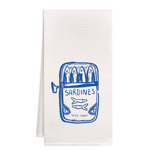 Blue Sardine Canned Kitchen Decore Hand Tea Towels, 16x24 Inch | Fish Sardine Lover Gifts, Retro Beach Coastal Sardine Canned Seafood Nautical Decorative Hand Dish Tea Towels for Kitchen - color: Sardine Canned