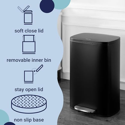 happimess Connor 2-Piece Stainless Steel Trash Can, Charcoal Black | 13.2 and 1.3 Gallons, Rectangular, Soft-Close Lid, Fingerprint Resistant, Step Pedal, 20 Liners, 26" and 12" Height - color: Black