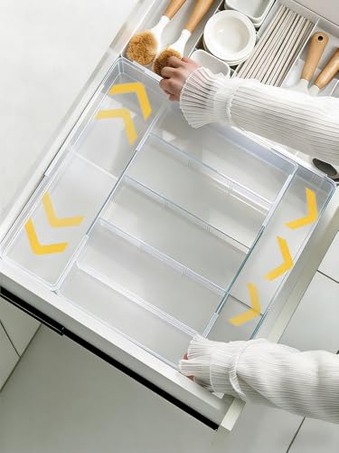 Expandable Drawer Storage Box with 6 Removable Dividers - 2.04" Depth for Light Drawers, Kitchen Utensils, Cosmetics, Office Supplies Organizer (10.43" Length, 20.27" Width) - color: Transparent