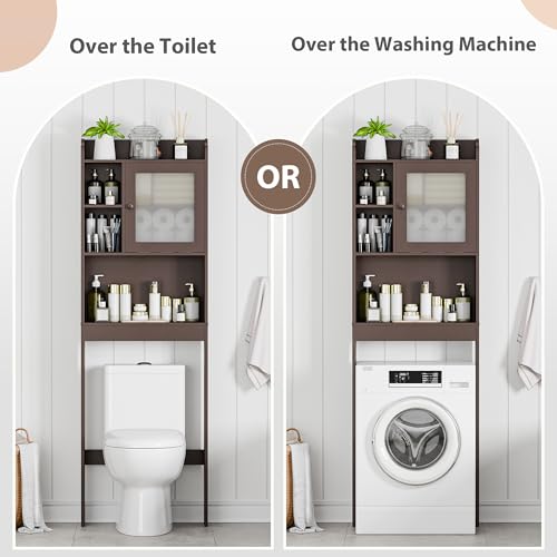 SUPER DEAL Over The Toilet Bathroom Storage Cabinet Freestanding Wooden Bathroom Organizer with Adjustable Shelves and Glass Door, Brown - color: Brown