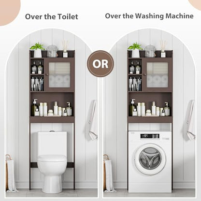 SUPER DEAL Over The Toilet Bathroom Storage Cabinet Freestanding Wooden Bathroom Organizer with Adjustable Shelves and Glass Door, Brown - color: Brown