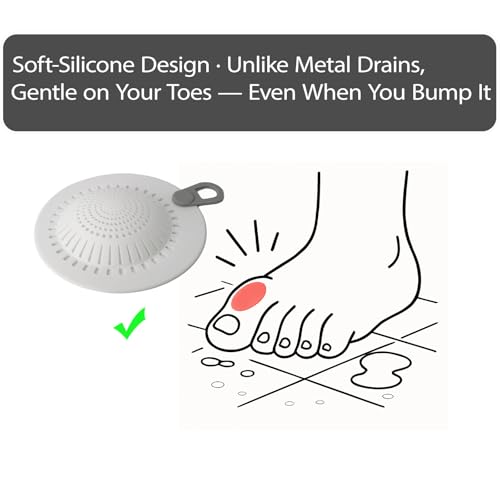 Shower Drain Hair Catcher & Bathtub Drain Hair Catcher, Silicone Drain Hair Catcher with Raised Dome Keeps Draining, Fits Flat & Pop-Up Drains, No-Curl Silicone, No-Touch Pull Tab (White)
