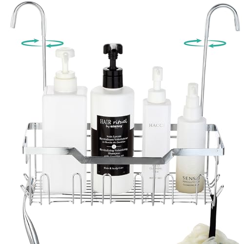 Small Shower Caddy Hanging - Shower Door Caddy Hanging with Rotatable Hooks and Adhesive Mount - Perfect for Bathroom Toiletries - Spacious & Convenient Bathroom Storage Solution 304 Stainless Steel - color: Single Tier - Silver