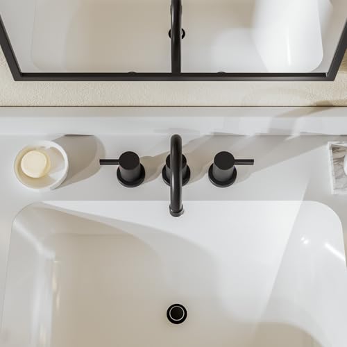 8 Inch 3-Hole Matte Black Widespread Bathroom Sink Faucet with Valve and Metal Pop-Up Drain Assembly, 2-Handle Low-Arch Bathroom Faucets Three Hole, WF15-1-MB