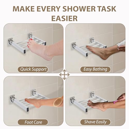 Shower Foot Rest and Shaving Pedestal - Wall Mount Folding Shower Ledge/Elevate Foot for Comfort/Safely Shave Legs and Wash Feet/Supports 200 lbs/ 304 Stainless/Polished Chrome/ 9”x 8” - color: Polished Chrome