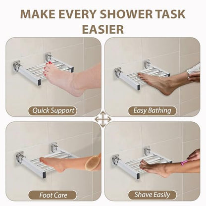 Shower Foot Rest and Shaving Pedestal - Wall Mount Folding Shower Ledge/Elevate Foot for Comfort/Safely Shave Legs and Wash Feet/Supports 200 lbs/ 304 Stainless/Polished Chrome/ 9”x 8” - color: Polished Chrome