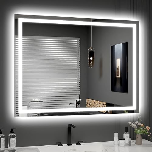 LED Mirror for Bathroom 48x36 Lighted Bathroom Vanity Mirrors with Lights, Brighter Frontlit and Backlit Anti-Fog Mirror, Tempered Glass, Dimmable 3 Colors Light Modes, Memory Function - size: 48"L x 36"W