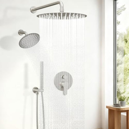 Shower Systems STARBATH 12+6" Round Dual Rainfall Shower Head with Handheld Spray for Two People, Wall Mounted 3 Way Rain Shower Faucet Sets Complete, Included Valve and Trim Kit, Brushed Nickel - color: Brushed Nickel, size: 6+12 inch-05