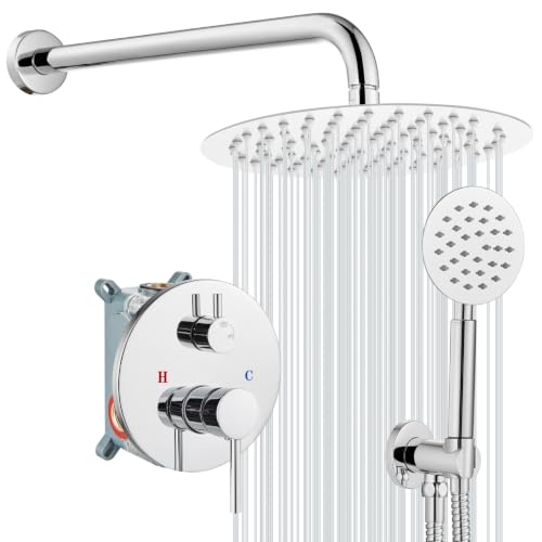 gotonovo High Pressure Shower System Valve and Trim Kit,Polish Chrome | Round Rain 10 Inch Shower Head with Handheld Faucet Set Complete,Rough In Valve,2-in-1 Diverter,All Metal,Bathroom Wall Mount - color: Chrome