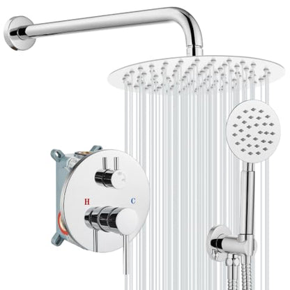 gotonovo High Pressure Shower System Valve and Trim Kit,Polish Chrome | Round Rain 10 Inch Shower Head with Handheld Faucet Set Complete,Rough In Valve,2-in-1 Diverter,All Metal,Bathroom Wall Mount - color: Chrome