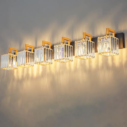 Modern Bathroom Vanity Light 6-Lights Black Gold Crystal Wall Lamp Bathroom Modern Crystal Vanity Lighting - color: Black+Gold Crooked, size: 6-light