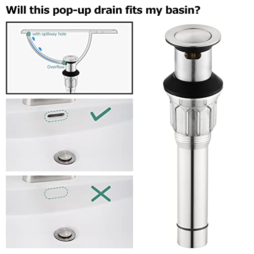 All Metal Bathroom Sink Drain with Overflow, Stainless Steel Pop Up Drain for Lavatory Vanity Vessel Sink, Brushed Nickel, 2108502 - color: Brushed Nickel, style: With Overflow
