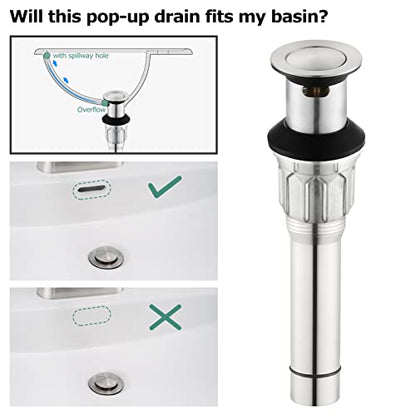 All Metal Bathroom Sink Drain with Overflow, Stainless Steel Pop Up Drain for Lavatory Vanity Vessel Sink, Brushed Nickel, 2108502 - color: Brushed Nickel, style: With Overflow