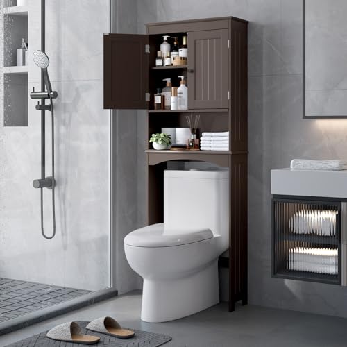 Bealife Over The Toilet Storage Cabinet with Open Shelf - Espresso | Over Toilet Bathroom Organizer with Adjustable Shelf and Double Doors, Space Saver Free Standing Storage Shelf for Bathroom - color: Brown