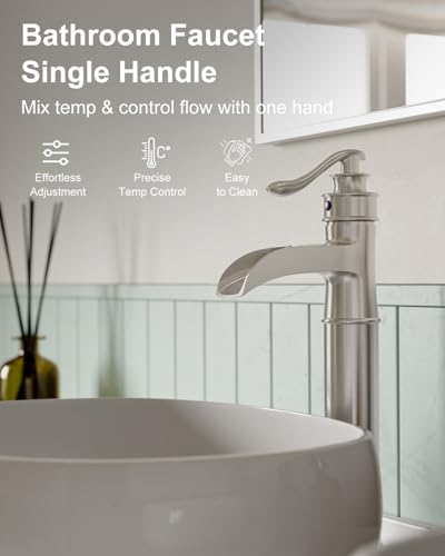 BWE Waterfall Vessel Sink Faucet Brushed Nickel Single Handle 1 Hole | Tall Bathroom Sink Faucets Commercial Mixer Tap with Supply Line and Pop Up Drain without Overflow Lavatory Vanity - color: Brushed Nickel