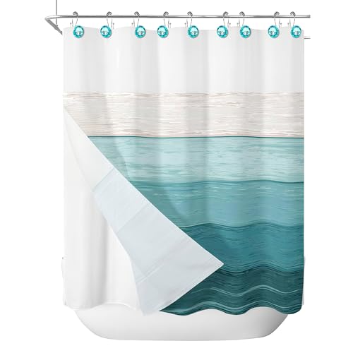 Sunlit Luxury Design Round Teal Blue Diamond Crystal Gem Bling with Glide Balls Double Shower Curtain Hooks for Mermaid Shower Curtains, Rust Proof Metal Rhinestones Glam Shower Curtain Rings-12 Pack - color: Teal With Double Hooks