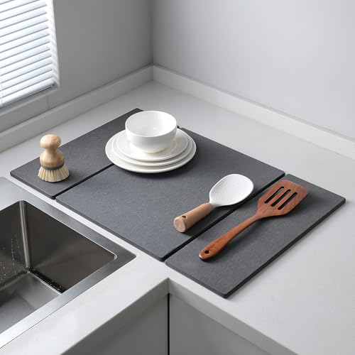 Foldable Stone Dish Drying Mat for Kitchen Counter, Diatomaceous Earth Drying Mat with Non-Slip Backing, Heat Resistant Multifunctional Mat for Kitchen & Bathroom, Instant water absorption-(24"×16") - color: Dark Gray1