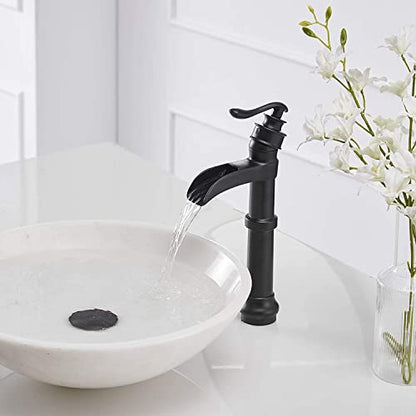 Black Waterfall Bathroom Sink Faucet Single-Handle 1 Hole | Above Counter Bowl Sink,with Pop Up Drain Assembly and Supply Hose,Lead-Free Solid Brass,Vanity Lavatory Mixer Tap - color: Black