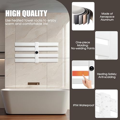K&KALONZO Electric Towel Warmer Wall Mount Heated Rack Timer, 8-Bar,White | Fast Heat in 2 Min, 3 Heat Levels, Anti-Scald, NTC Safety, Plug-in/Hardwired Aluminum Towel Warmer for Bathroom - color: White, size: 8-Bar