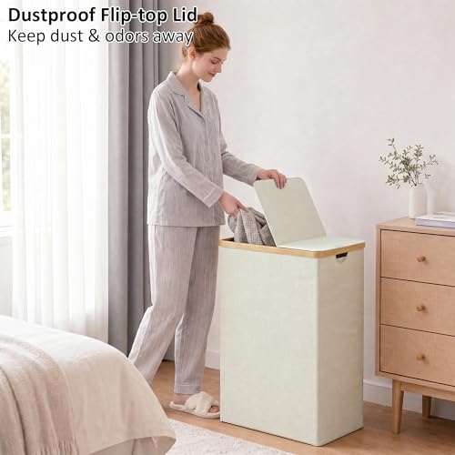 efluky Laundry Hamper with Lid, Double Laundry Basket with 2 Removable Bags, 2 Section Laundry Bin with Bamboo Handles for Bathroom, Bedroom & Laundry Room, 115L (30.4 Gallon) Beige - color: Beige, size: 115L Dual