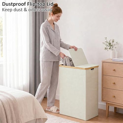 efluky Laundry Hamper with Lid, Double Laundry Basket with 2 Removable Bags, 2 Section Laundry Bin with Bamboo Handles for Bathroom, Bedroom & Laundry Room, 115L (30.4 Gallon) Beige - color: Beige, size: 115L Dual