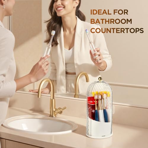 3 Slots Rotating Toothbrush Holders with Lid for Bathroom | Coverd Tooth Brush Holders for Countertop, Concealed Makeup Brush Holder, Toothpaste Holder-White - color: White