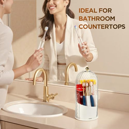 3 Slots Rotating Toothbrush Holders with Lid for Bathroom | Coverd Tooth Brush Holders for Countertop, Concealed Makeup Brush Holder, Toothpaste Holder-White - color: White
