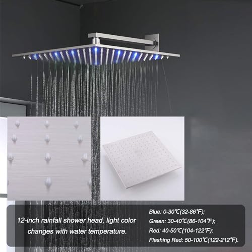 4 Way Thermostatic Shower System with Tub Spout, Handheld Spray, 6 Body Jet, 12 inch LED Rainfall Shower Head, Brushed Nickel - color: Brushed Nickel, size: 12" Wall Shower
