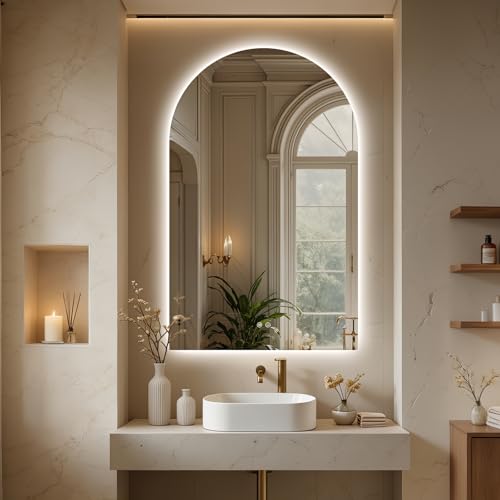 Niccy Arched LED Bathroom Mirrors, Frameless Backlit Vanity Mirror, 48"x30" | Wall Mounted Arch Mirror with Defogger & 3 Color Light, Explosion-Proof HD Glass, IP65 Waterproof for Bathroom - size: 48"L x 30"W