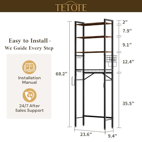 Over-The-Toilet Storage Rack, 4-Tier Bathroom Organizer Shelf Over Toilet with Adjustable Shelf and Basket, Freestanding Space Saver Bathroom Shelves Above Toilet for Room(Brown) - color: Brown