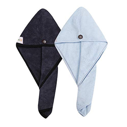 M-bestl 2 Pack Hair Drying Towels, Hair Towel Wrap,Absorbent Microfiber Hair Towel Turban with Button Design to Dry Hair More Quicker(Blue&Dark Gray) - color: Blue&dark Gray