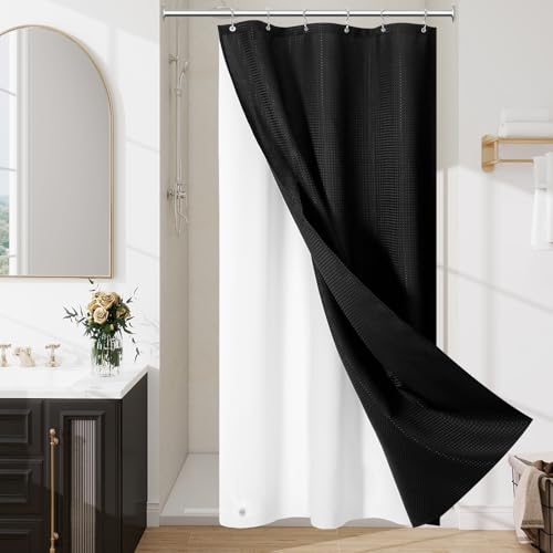 3 in 1 Black Shower Curtain Set with PEVA Liner & 6 Hooks, 36 x 72 | Fabric shower curtain, modern hotel style, contemporary bathroom decor, compact shower space - color: Black, size: 36"W x 72"L (Pack of 1)