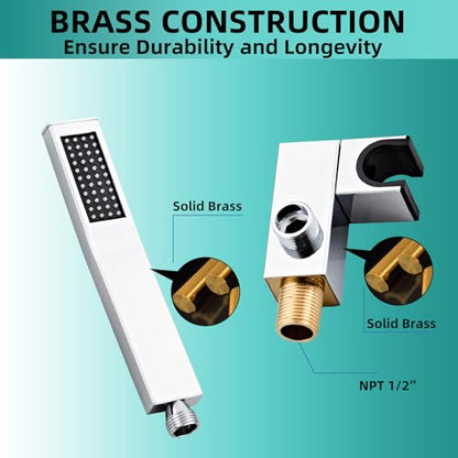 Bathroom Square Chrome Solid Brass Hand Held Shower Head With Wall Connector and Hose System Wall Mount Handheld Showerheads Set - color: Chrome