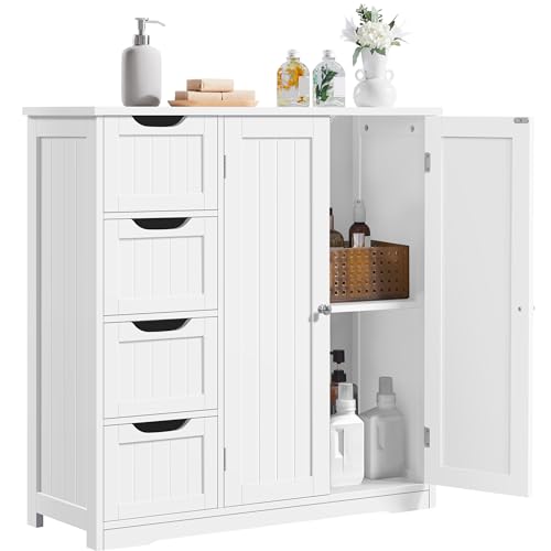 Yaheetech Small Bathroom Storage Cabinet with 4 Drawers & 2 Doors, White | Freestanding Floor Organizer, Slim 12in Depth, Laundry Room, Entryway Ready, Stores Towels, Toiletries, Medicine, MDF Build - color: White, style: 2 Doors + 4 Drawers