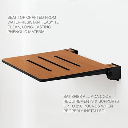 Seachrome 18 inch Silhouette Slimline Folding Wall Mount Shower Bench Seat, Teak Seat with Matte Black Frame - color: Teak Seat With Matte Black Frame