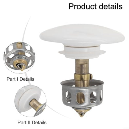 Bathroom Basin Drain With Strainer Basket For Countertop Bathtub, Brass And Ceramic Up Stopper(White) - color: White