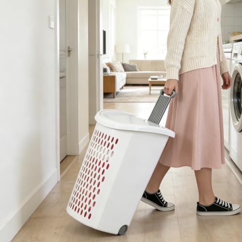 Laundry Basket with Wheels, Lid, and Handles for Easy Rolling, Dirty Clothes Organizer, White, 1 Pack