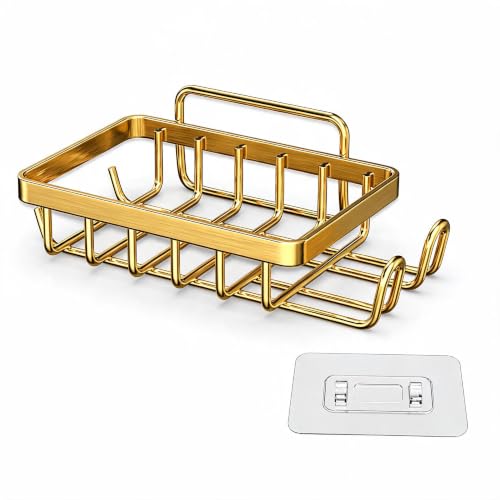 Snailhouse Soap Dish for Shower, Wall Adhesive Self Draining Hanging Stainless Steel Bathroom Bathtub Bar Soap Holder Tray Caddy with Hooks, Gold