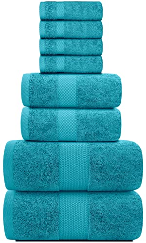 White Classic Luxury Bath Towel Set of 8 Pieces - 100% Turkish Cotton Highly Absorbent Towels for Bathroom, 2 Luxury Bath Towels 700GSM, 2 Hand Towels, 4 Washcloths, Aqua - color: 13: Aqua