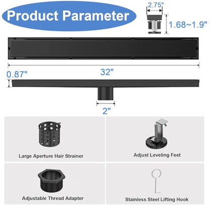 32 Inch Linear Shower Drain-Matte Black, with Tile Insert Grate | AISI 304 Stainless Steel Shower Drain, Rectangle Shower Floor Drain with Leveling Feet, Fits Bathroom & Balcony etc - color: Matte Black, size: 32 Inch
