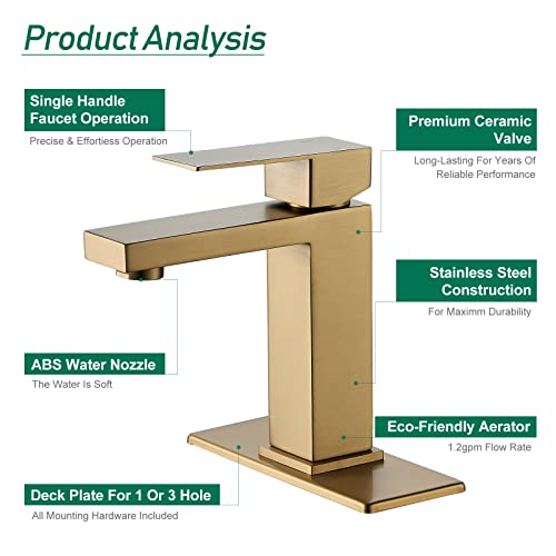 VOTON Brushed Gold Bathroom Faucet, Modern Bathroom Faucet 1 Hole, Single Handle Bathroom Sink Faucet Brushed Gold with Deck Plate & Water Supply Hoses - color: B-Brushed Gold, style: Without Drain