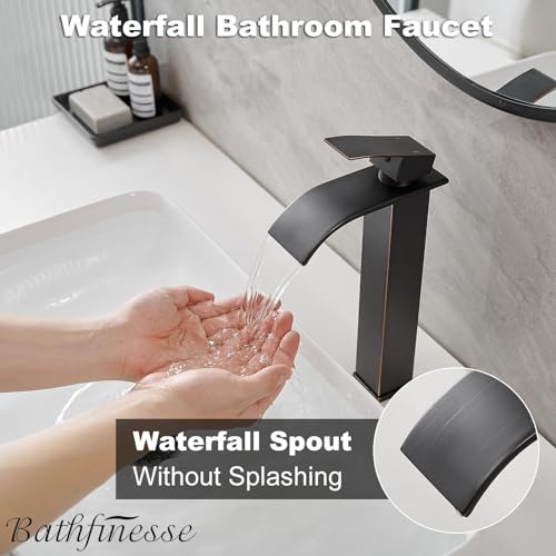 Bathroom Faucet Oil Rubbed Bronze, Bathfinesse Faucet for Bathroom Sink 1 Hole One Handle Deck Mount Veseel Sink Bowl with Pop-up Drain Stopper and Supply Hoses - color: Oil Rubbed Bronze, size: Tall with Drain Assembly