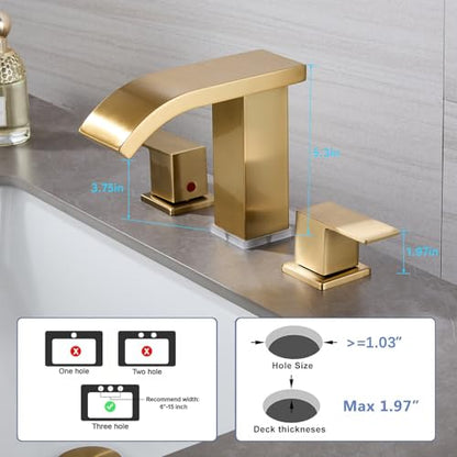 LED Light Widespread Bathroom Faucets for Sink 3 Hole Waterfall Brushed Gold-Bathroom Faucet with Pop-up Drain Assembly, 8 Inch Bathroom Sink Faucet 2-Handles,Modern Lavatory Vanity Faucet - color: Brushed Gold