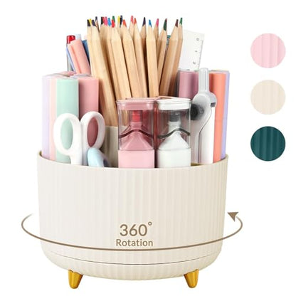 SKYDUE 360 Rotating Plastic Desk Pen Organizer with 5 Slots, Dual-Purpose Art Supply Pencil Cup for Office, School, Home - color: Beige_1Pack